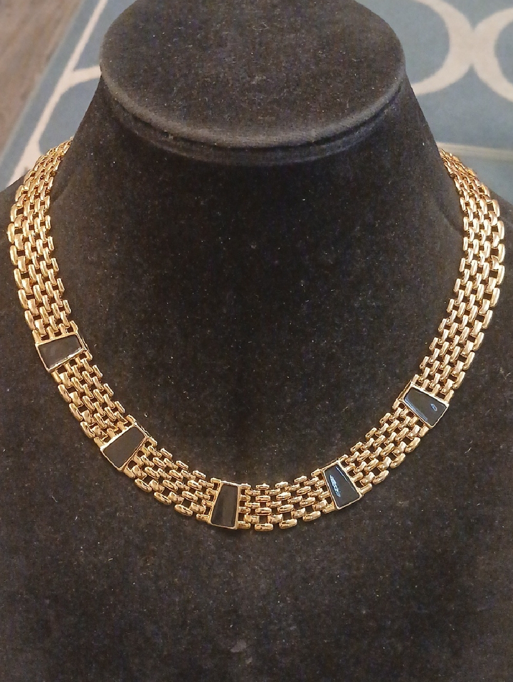 Gold Chain Necklace with Black Enamel Accents - Women Jewelry